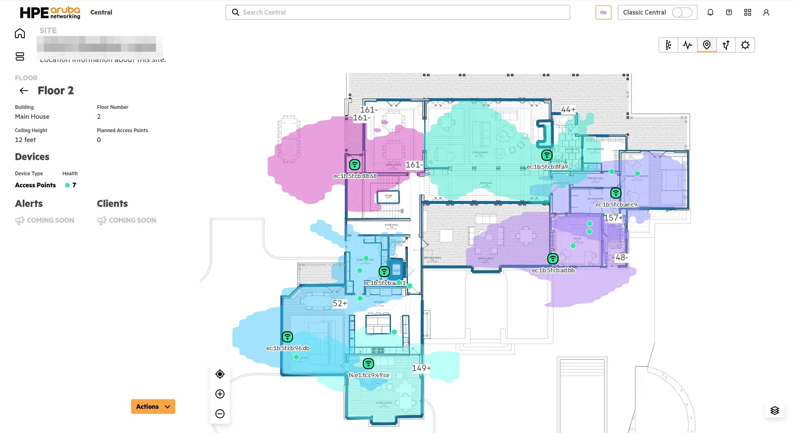 Aruba Central RF coverage heatmap overlaid on a residential floor plan, showing access point placement and Wi-Fi signal coverage zones